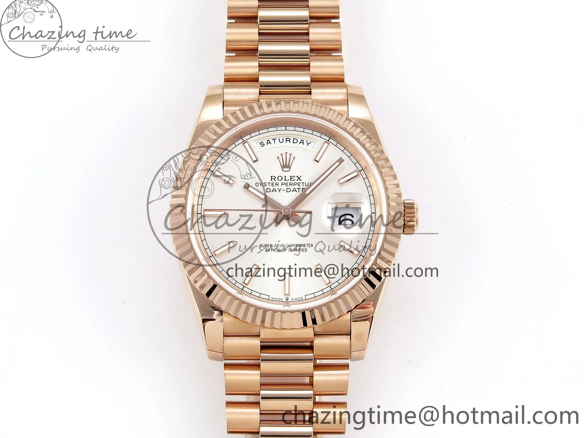 0109 OnTrend DayDate 40 RG JDF 904L Steel Silver Stick Dial on President Bracelet VR3255 V3 (Gain Weight) 1360